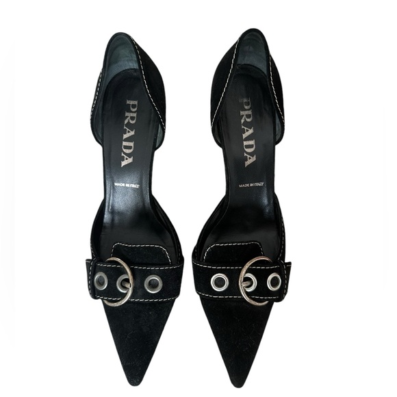 Prada Shoes - Prada Womens Black Suede Pointed Toe Slip On Vintage Kitten Heels 37